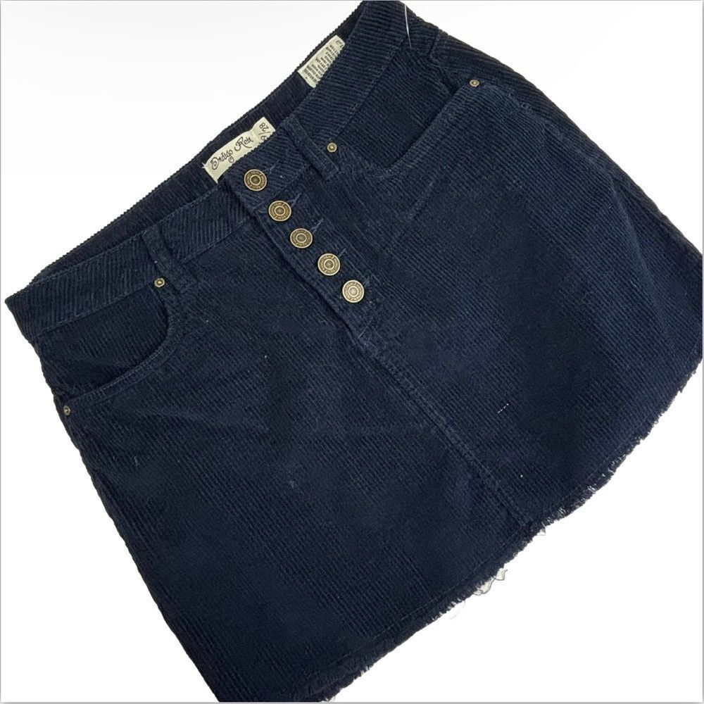 Indigo Rein Mini Skirt Y2K Corduroy Button Fly Womens 9/28 Navy Blue Raw Hem NWT